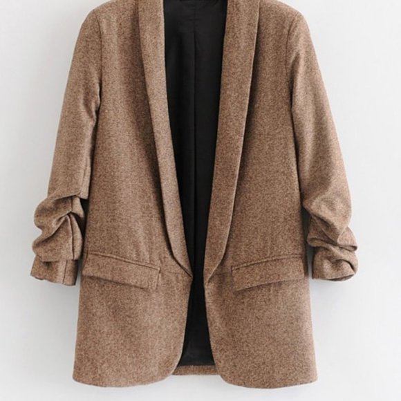 Business Chic Ruched Sleeve Dual Pocket Solid Blaz - Picture 4 of 12